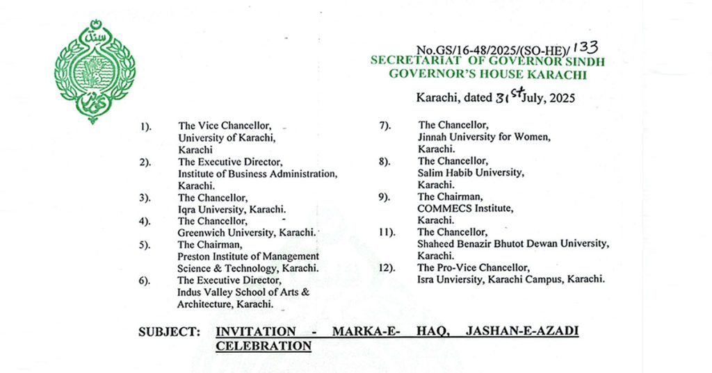 PIMSAT Invited to Governor Sindh's Independence Day Celebration